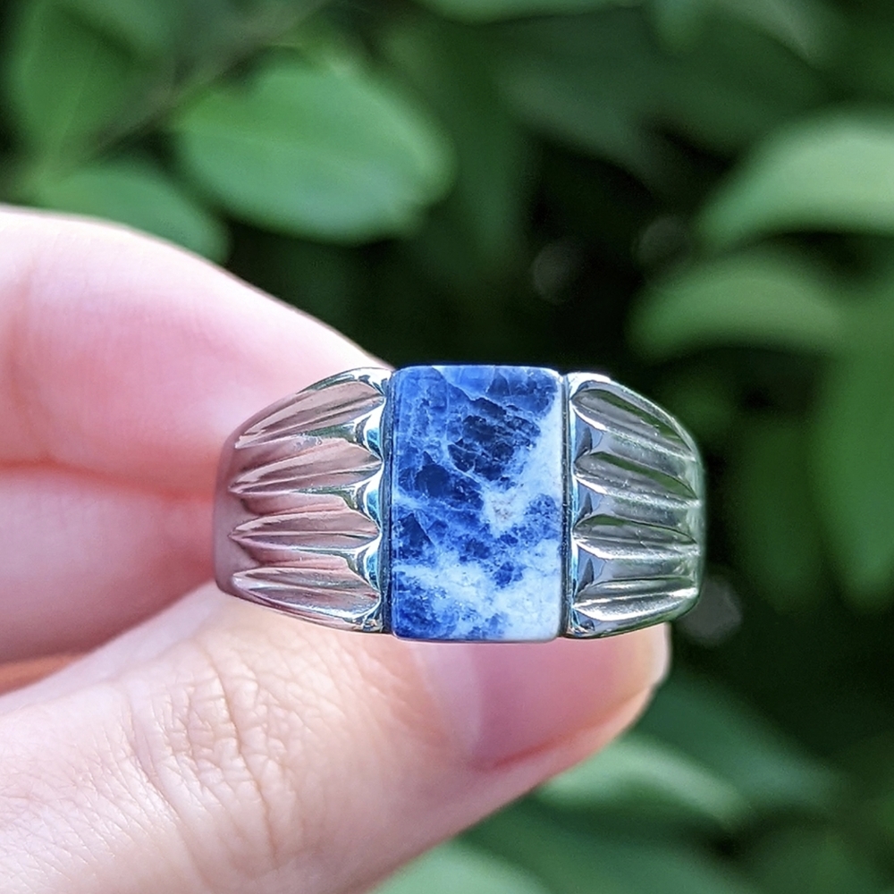 New men's stainless steel and blue ring - Picture 1 of 6